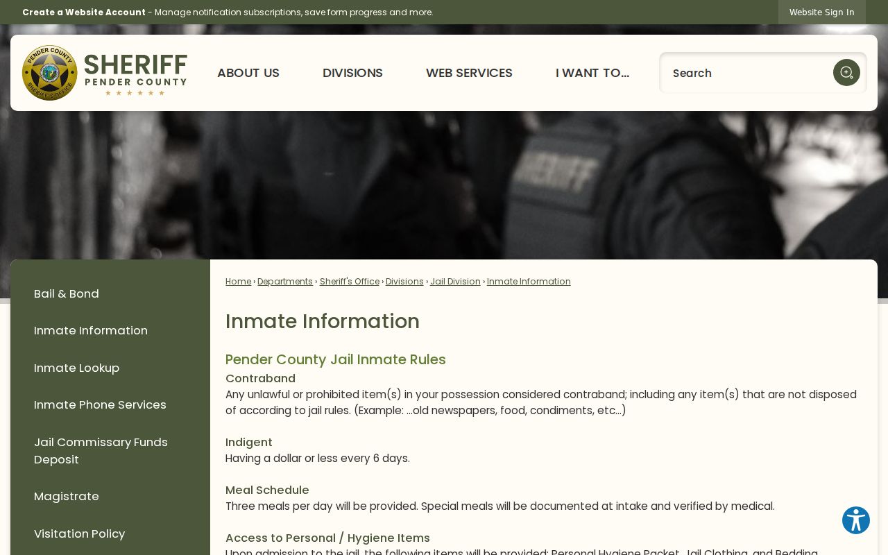 Pender County arrest history inmate information and jail rules