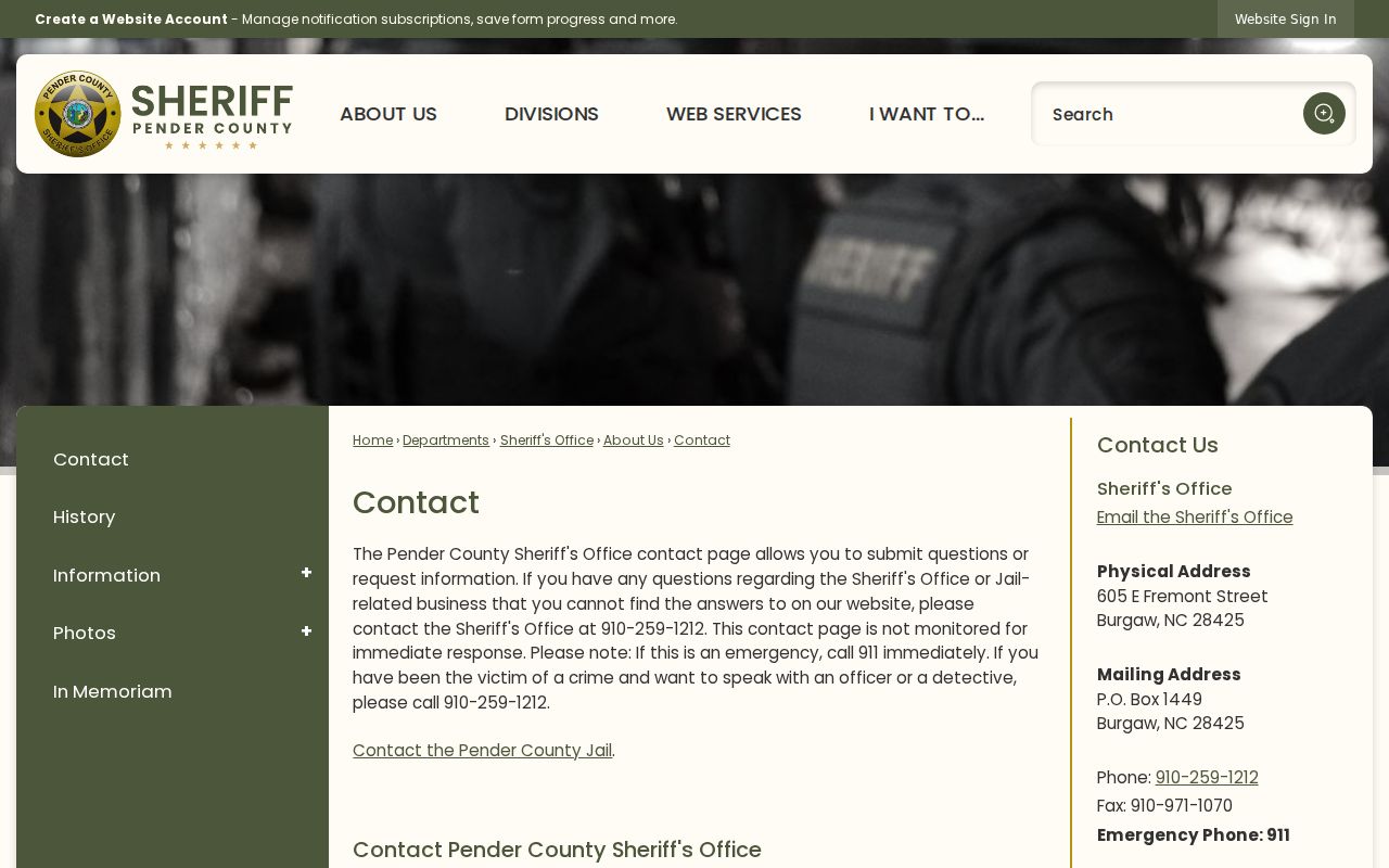 Pender County arrest records sheriff and jail contact channels