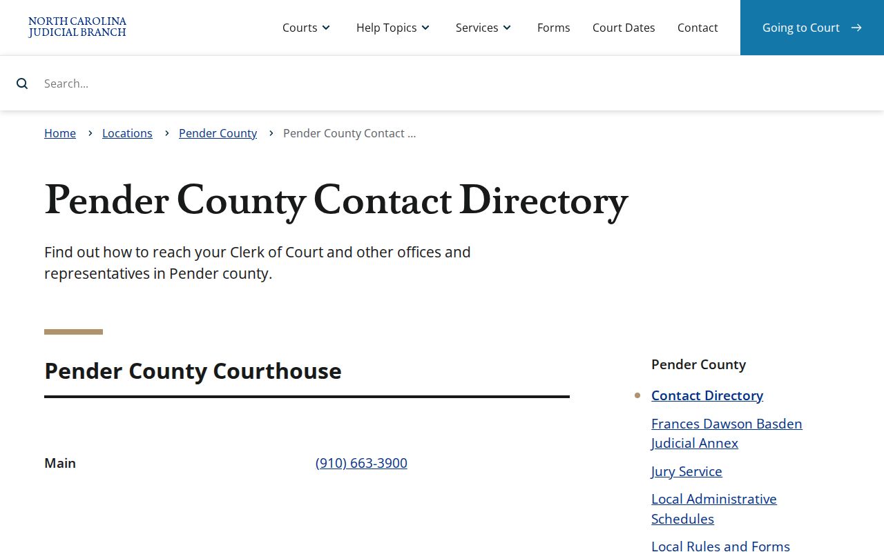 Pender County criminal court case contact directory