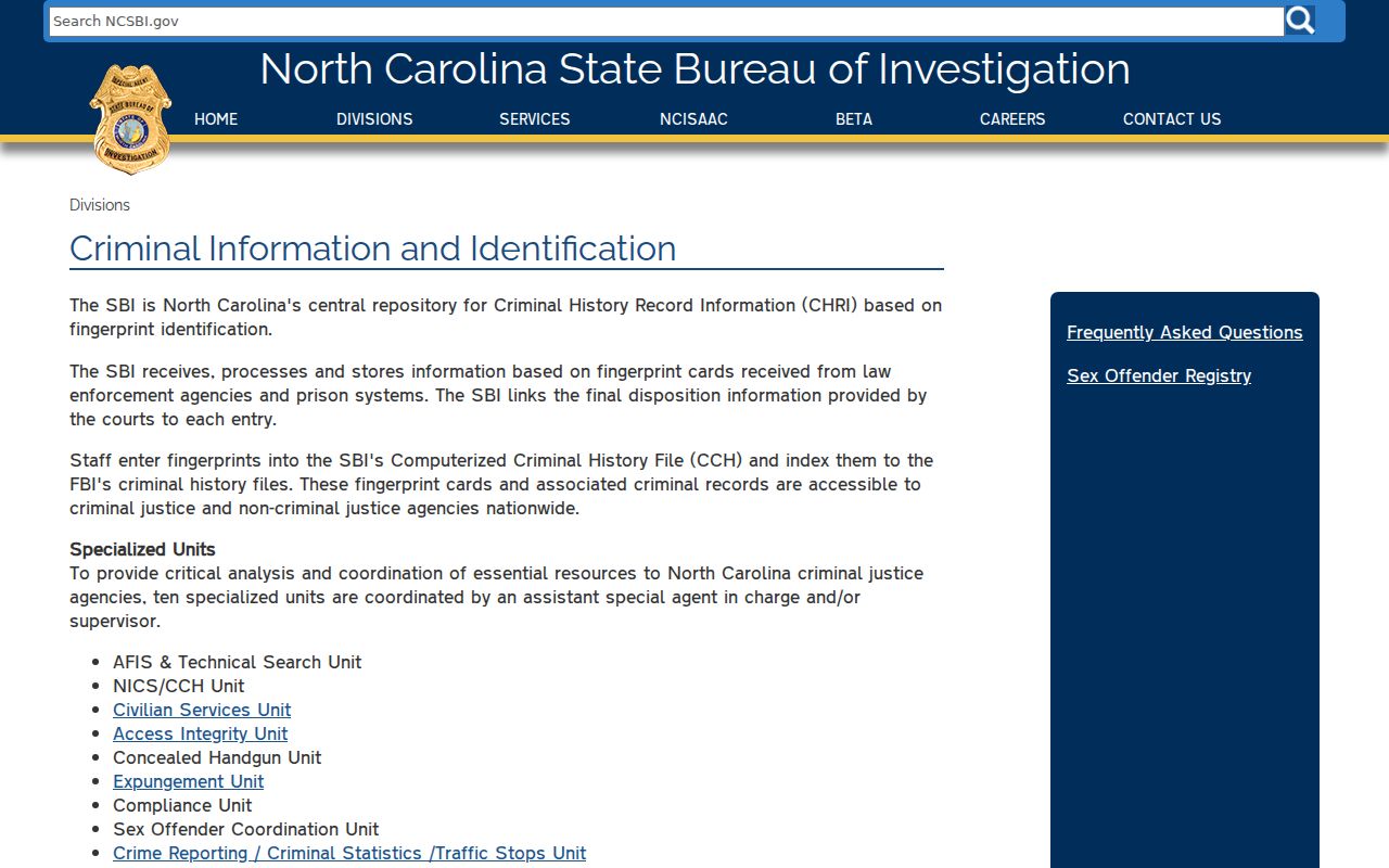 Pender County criminal history SBI fingerprint repository